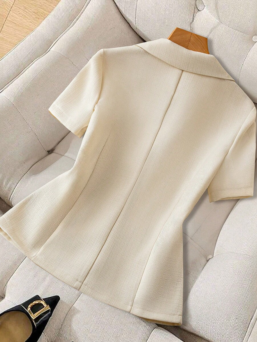 Elegant Short Sleeve Blazer with Faux Pearl and Metal Buttons, French Style Structured Fit for Daily Work, Office, Spring and Summer Looks