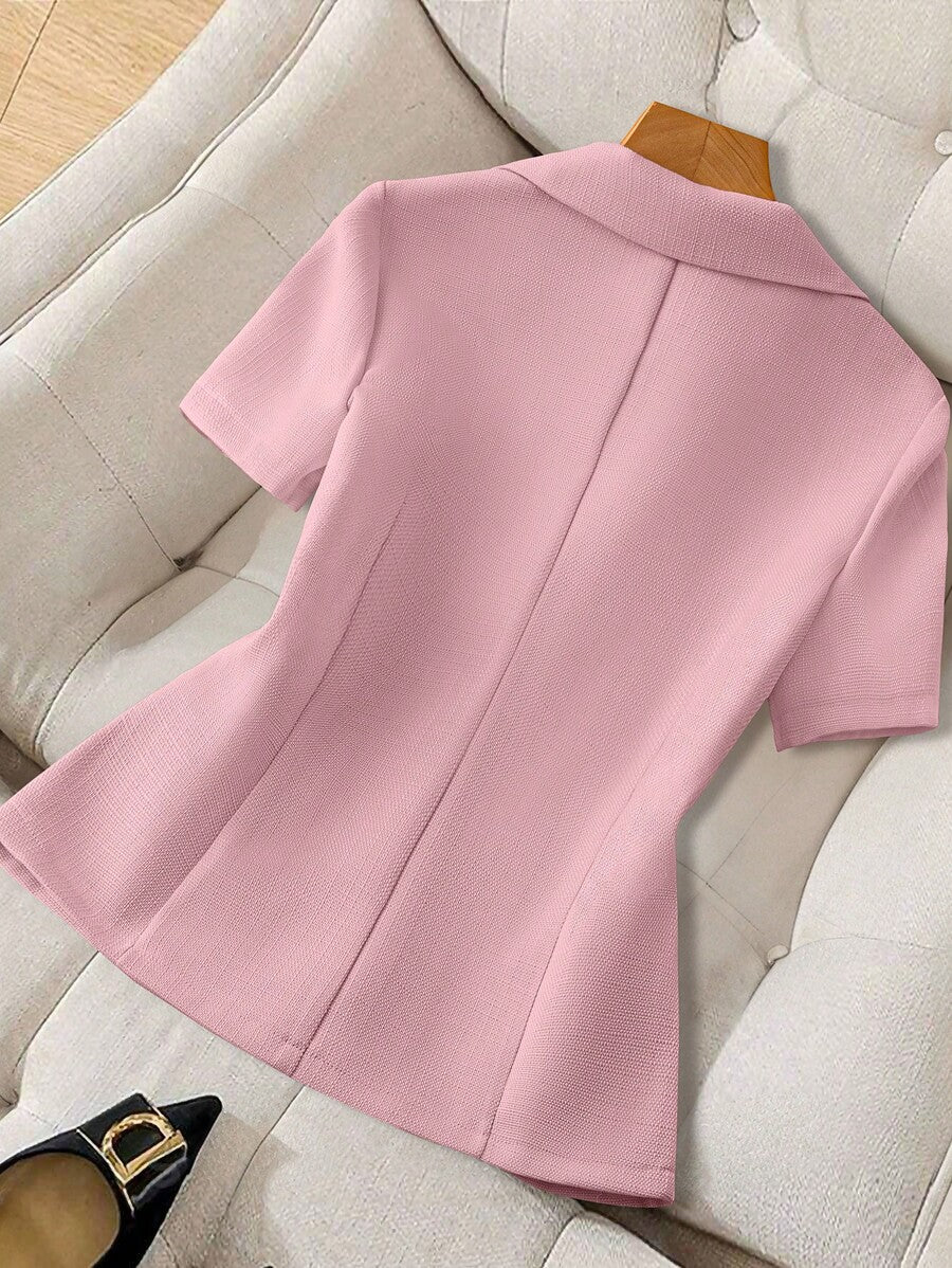 Elegant Short Sleeve Blazer with Faux Pearl and Metal Buttons, French Style Structured Fit for Daily Work, Office, Spring and Summer Looks