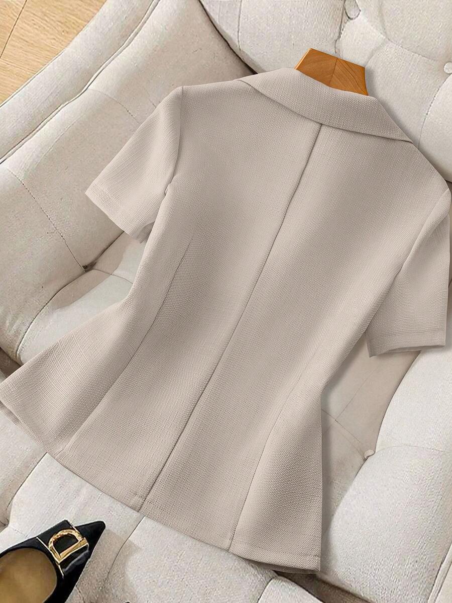 Elegant Short Sleeve Blazer with Faux Pearl and Metal Buttons, French Style Structured Fit for Daily Work, Office, Spring and Summer Looks