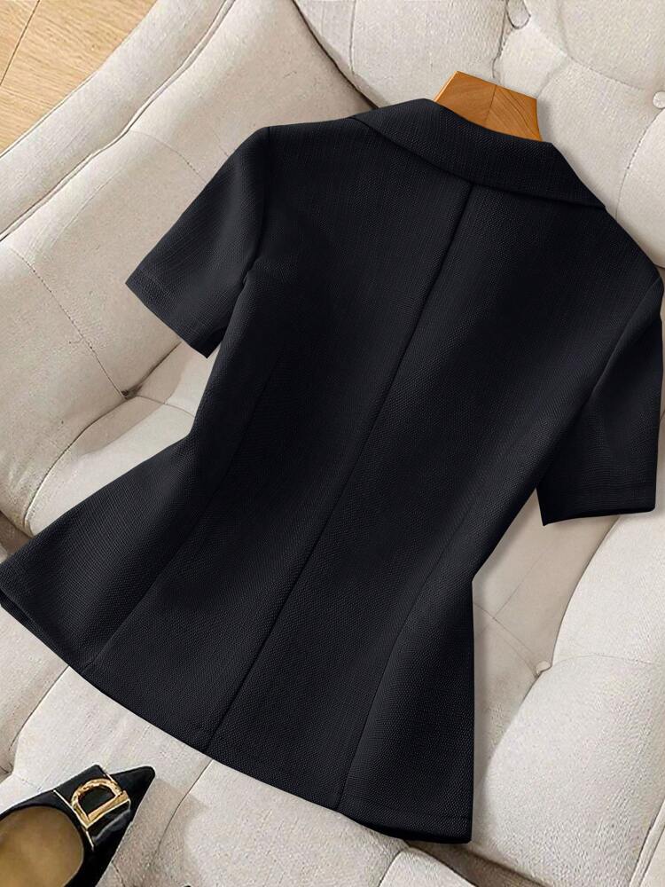 Elegant Short Sleeve Blazer with Faux Pearl and Metal Buttons, French Style Structured Fit for Daily Work, Office, Spring and Summer Looks