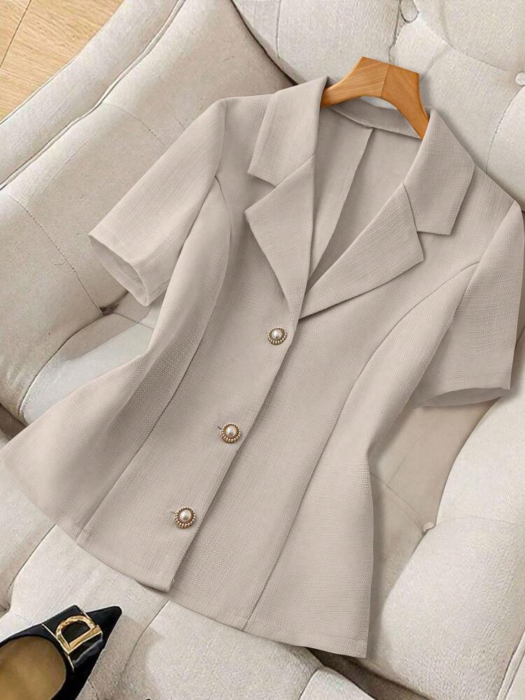 Elegant Short Sleeve Blazer with Faux Pearl and Metal Buttons, French Style Structured Fit for Daily Work, Office, Spring and Summer Looks