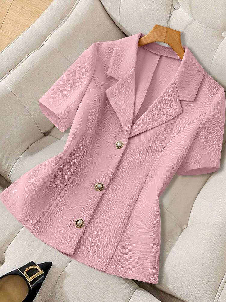 Elegant Short Sleeve Blazer with Faux Pearl and Metal Buttons, French Style Structured Fit for Daily Work, Office, Spring and Summer Looks