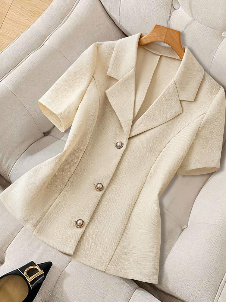 Elegant Short Sleeve Blazer with Faux Pearl and Metal Buttons, French Style Structured Fit for Daily Work, Office, Spring and Summer Looks