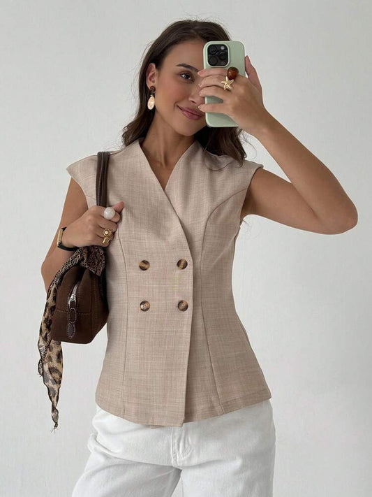 Elegant Double-Breasted Blazer for Women, Solid Colour Commuter Jacket with Slim Fit Design, Ideal for Business, Workwear or Smart Casual