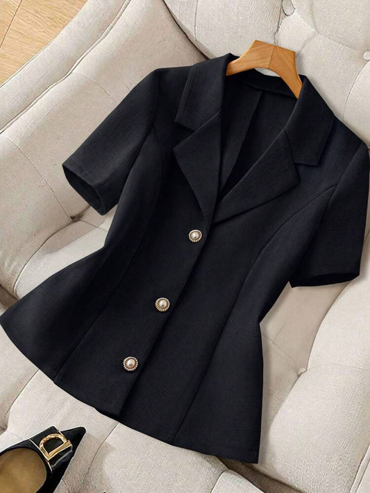 Elegant Short Sleeve Blazer with Faux Pearl and Metal Buttons, French Style Structured Fit for Daily Work, Office, Spring and Summer Looks