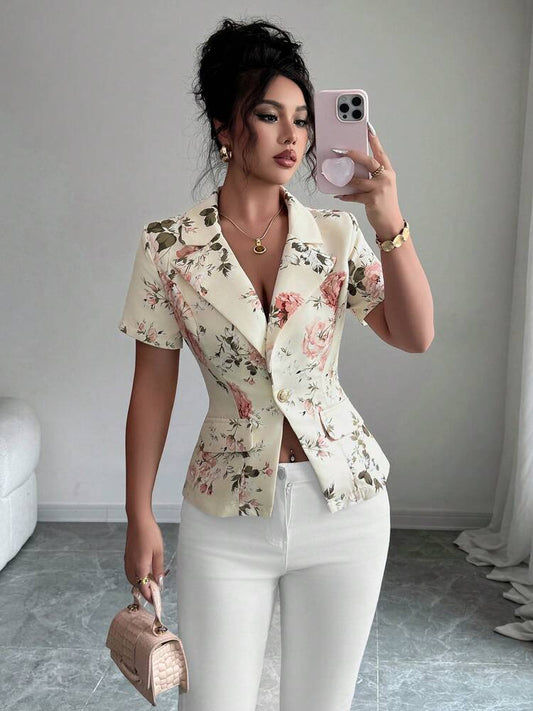 Digital Print Casual Blazer Jacket for Women, Romantic and Elegant Style for Daily Commute, Office Meetings, or Weekend Outings