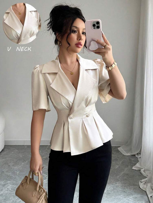Elegant Lapel Neck Blouse for Women with Puff Sleeves, Solid Colour Statement Piece for Office, Smart Casual or Day-to-Night Outfits