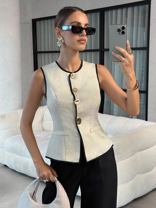 French Style Sleeveless Vest with Large Metal Buttons, Sophisticated Women’s Commuter Layer for Office, Brunch or Elegant Daily Styling